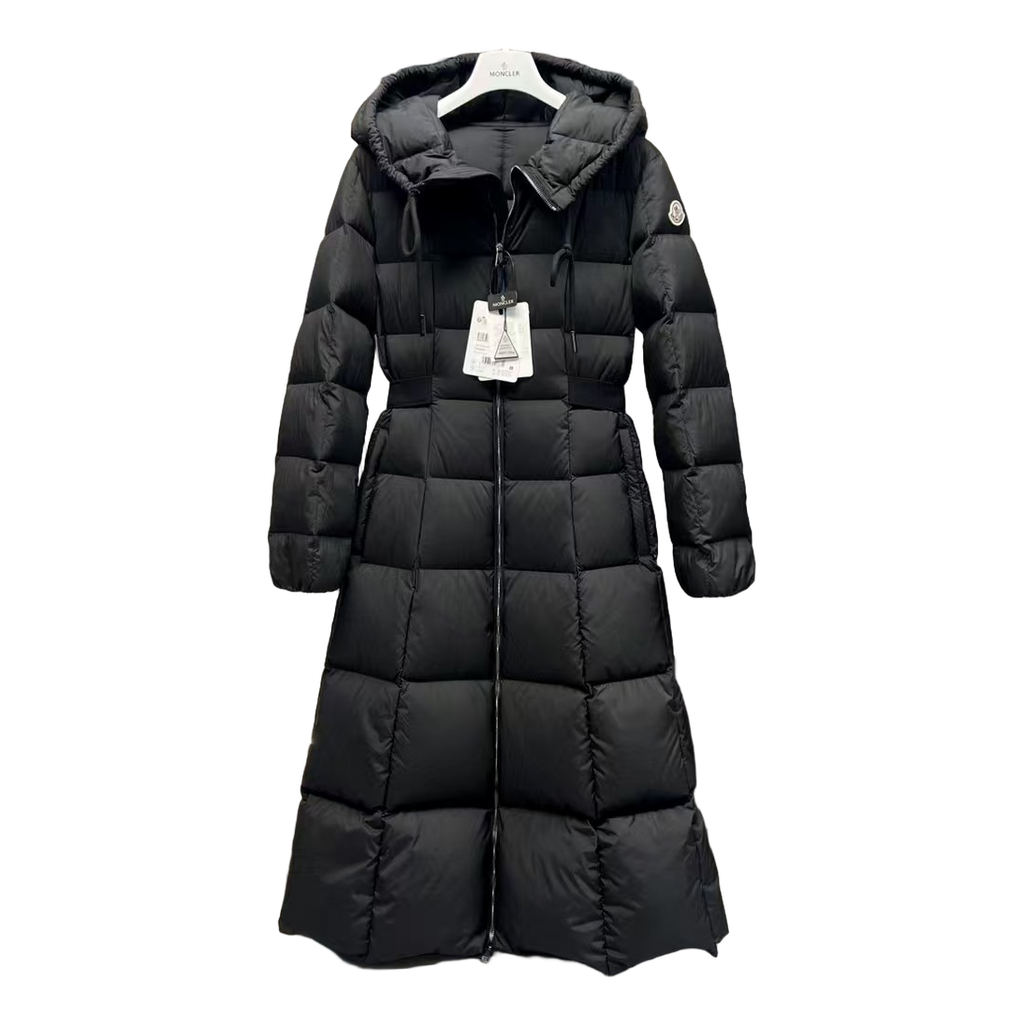 Moncler Fitted Hooded Long Down Puffer Coat in Black