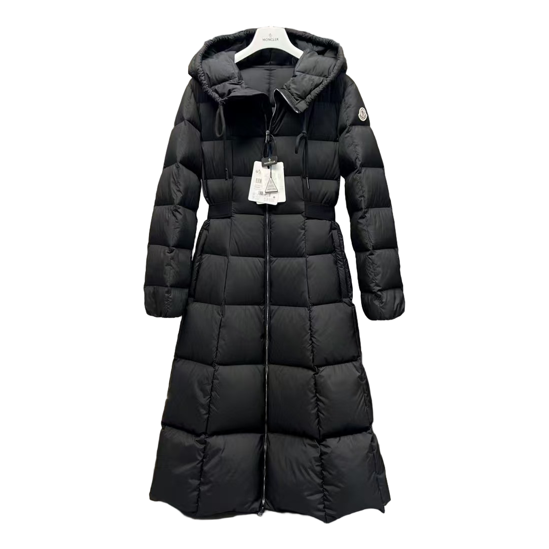 Moncler Fitted Hooded Long Down Puffer Coat in Black