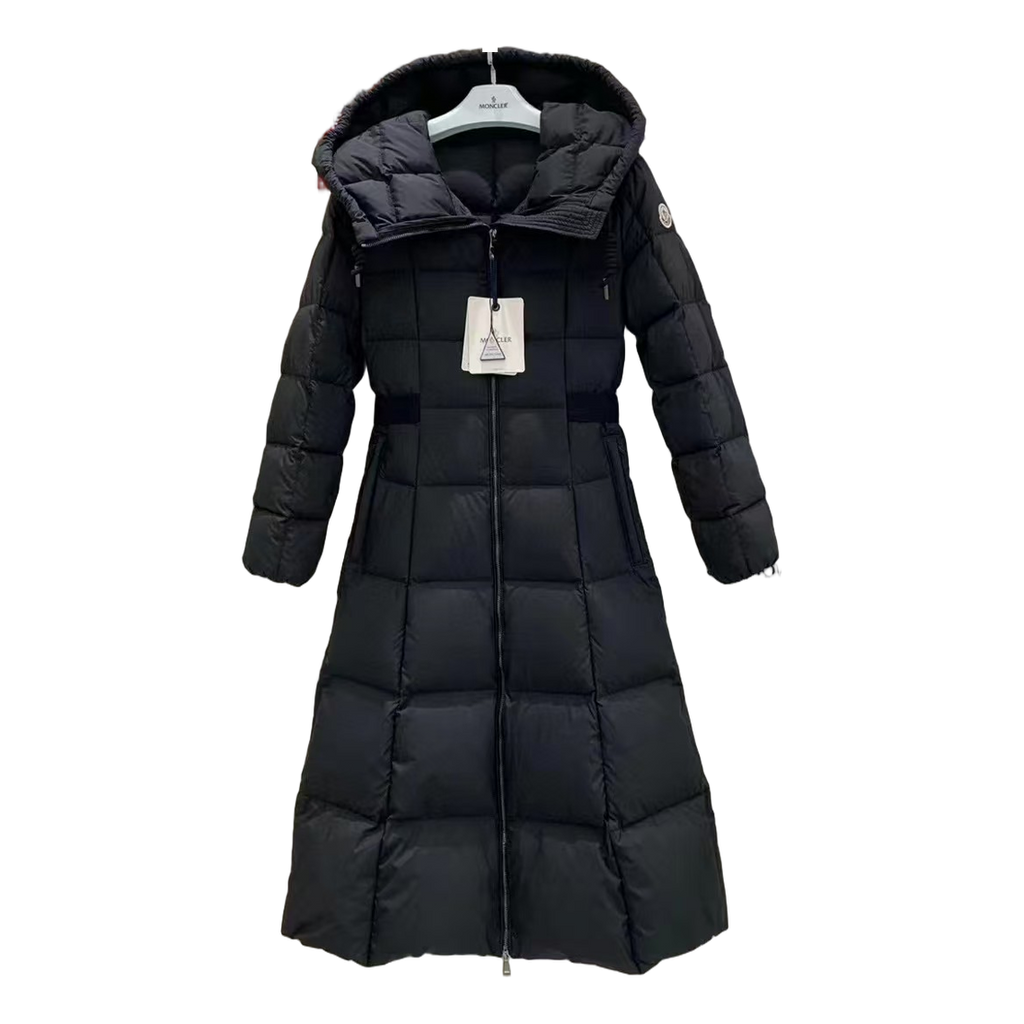 Moncler Fitted Hooded Long Down Puffer Coat in Black