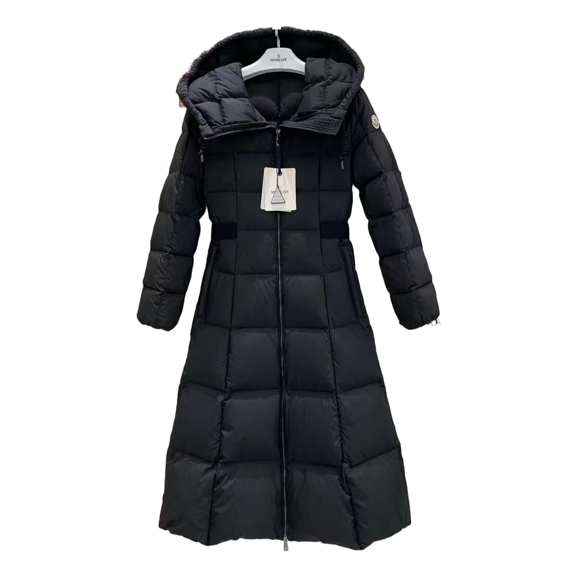 Moncler Fitted Hooded Long Down Puffer Coat in Black