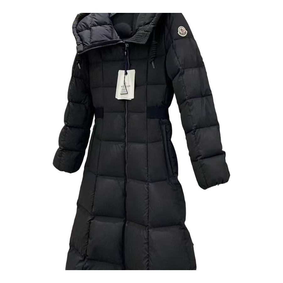 Moncler Fitted Hooded Long Down Puffer Coat in Black