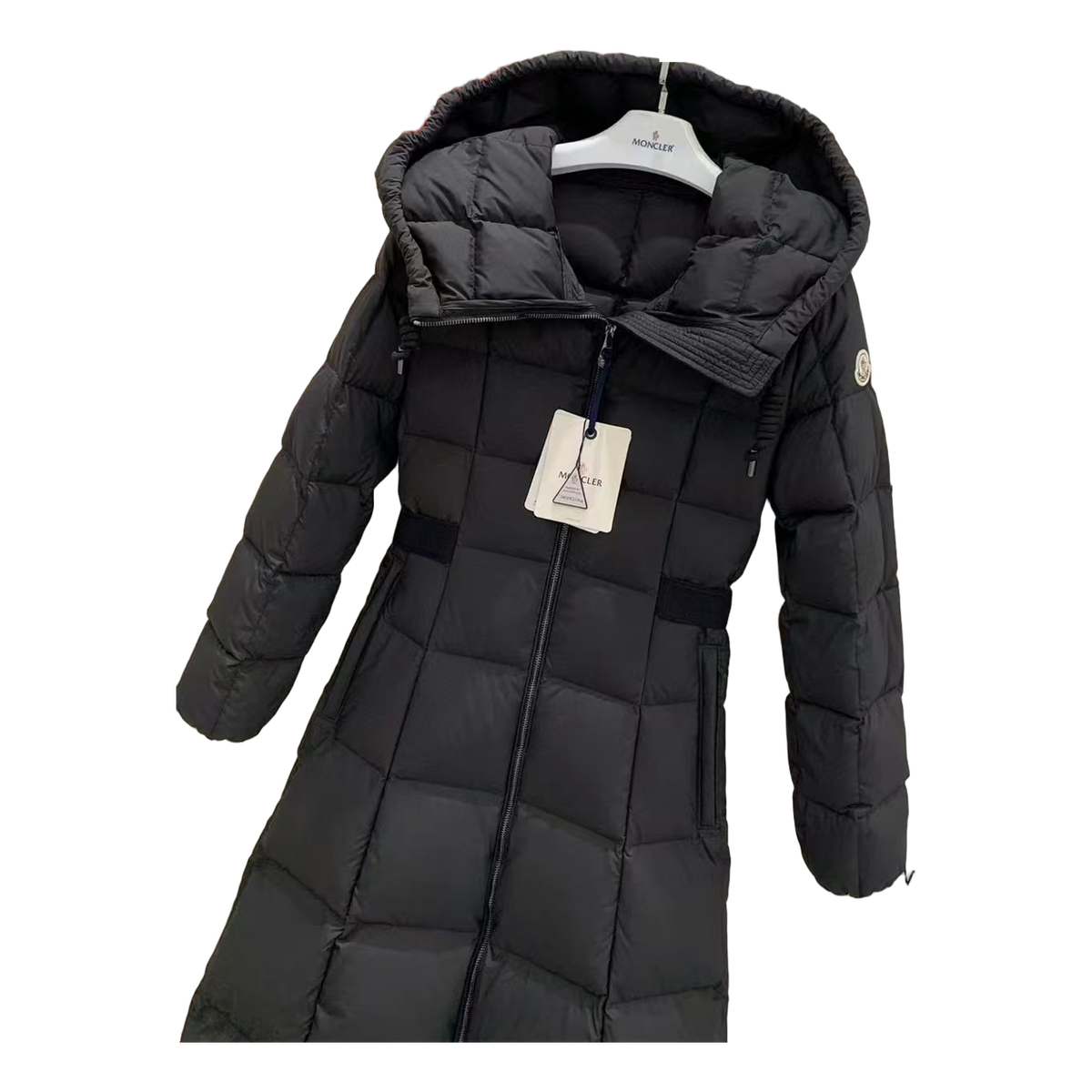 Moncler Fitted Hooded Long Down Puffer Coat in Black