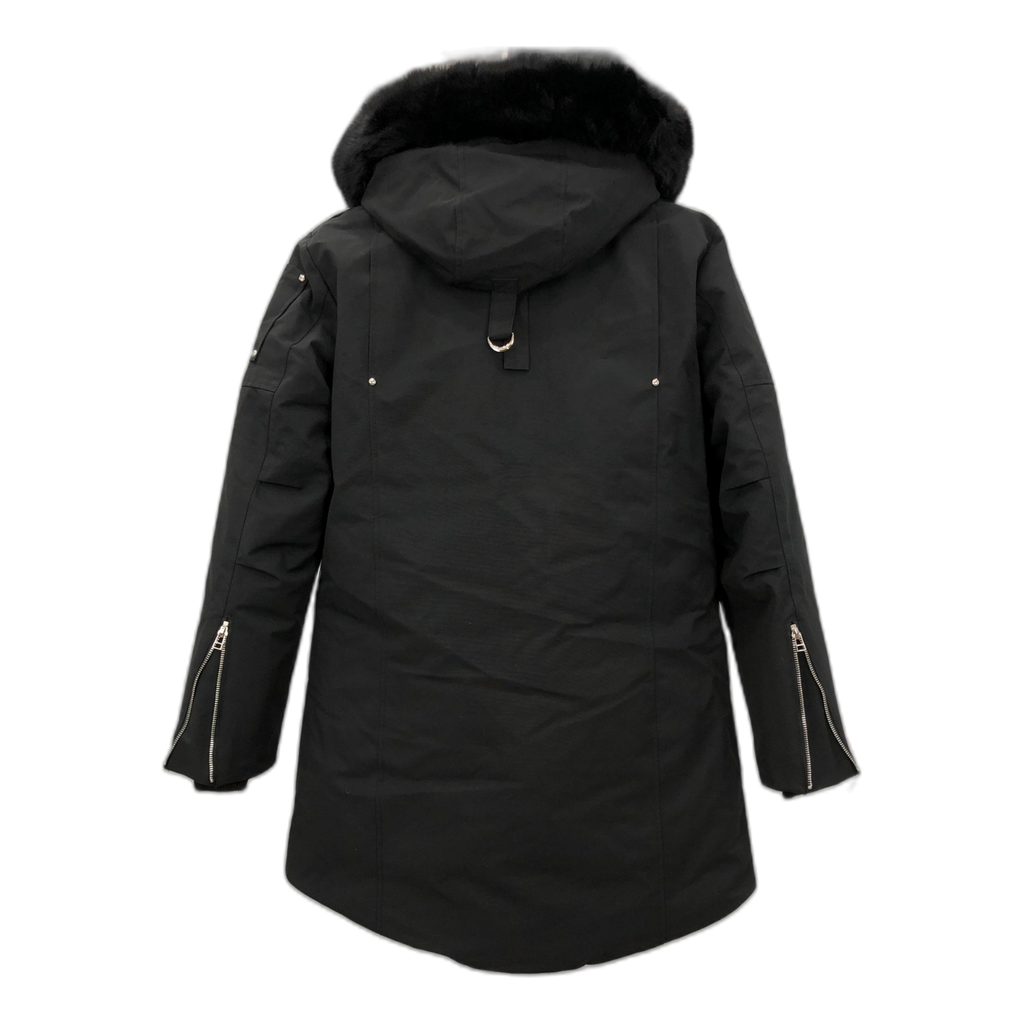 Moose Knuckles Curved-Hem Fur-Trim Hooded Down Parka – Black