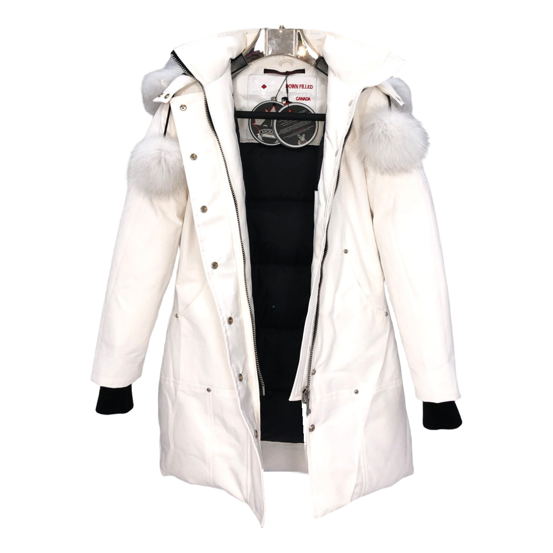 Moose Knuckles Stirling Down Parka with White Fur Trim & Pom-Pom