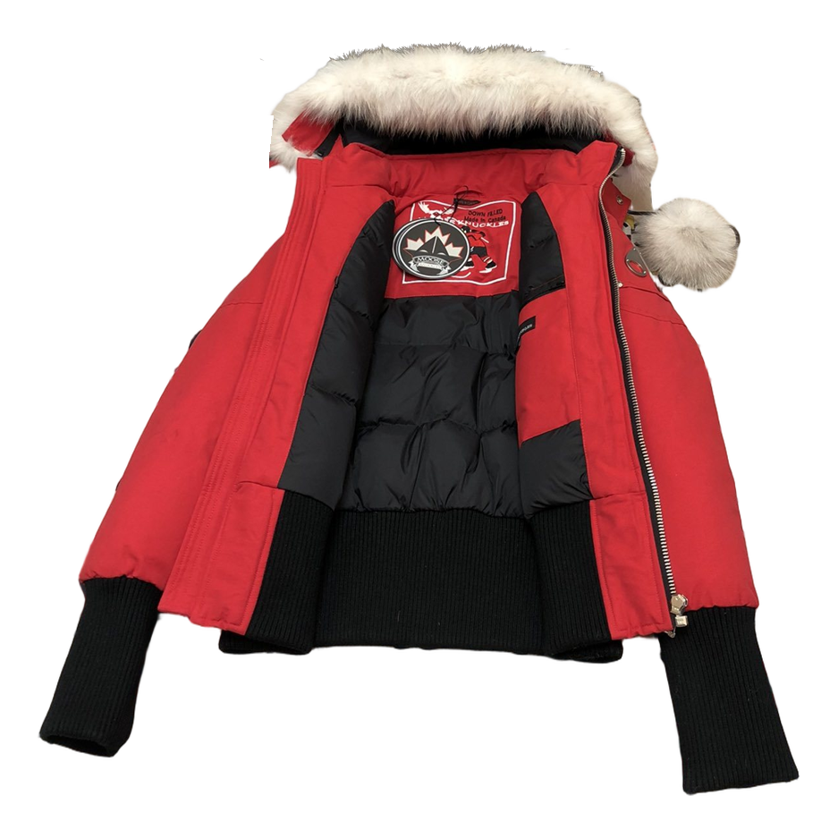 Moose Knuckles Debbie Pom-Pom Hooded Down Bomber Jacket – Red