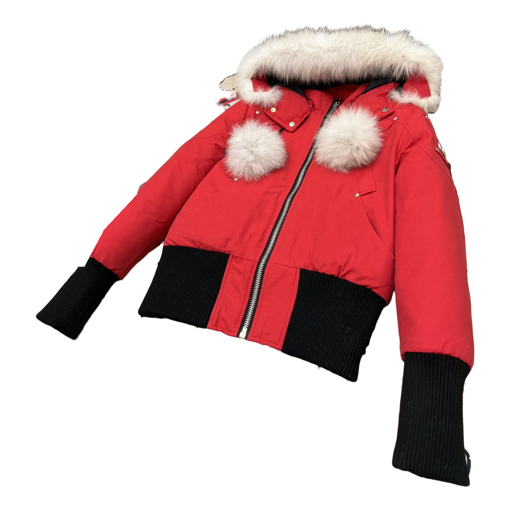 Moose Knuckles Debbie Pom-Pom Hooded Down Bomber Jacket – Red