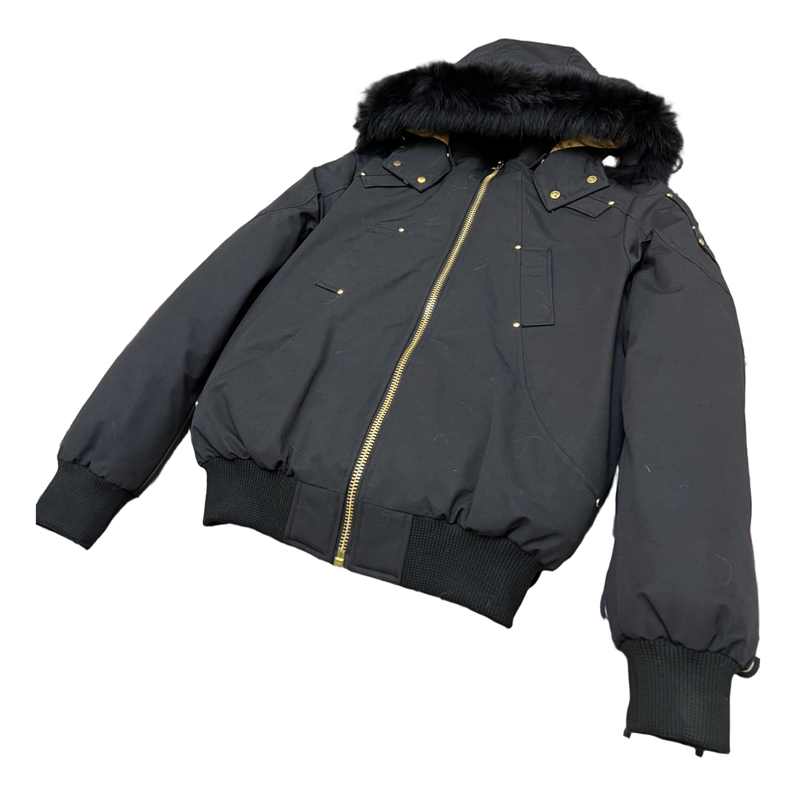 Moose Knuckles Gold Ballistic Fur-Trim Down Bomber Jacket – Black