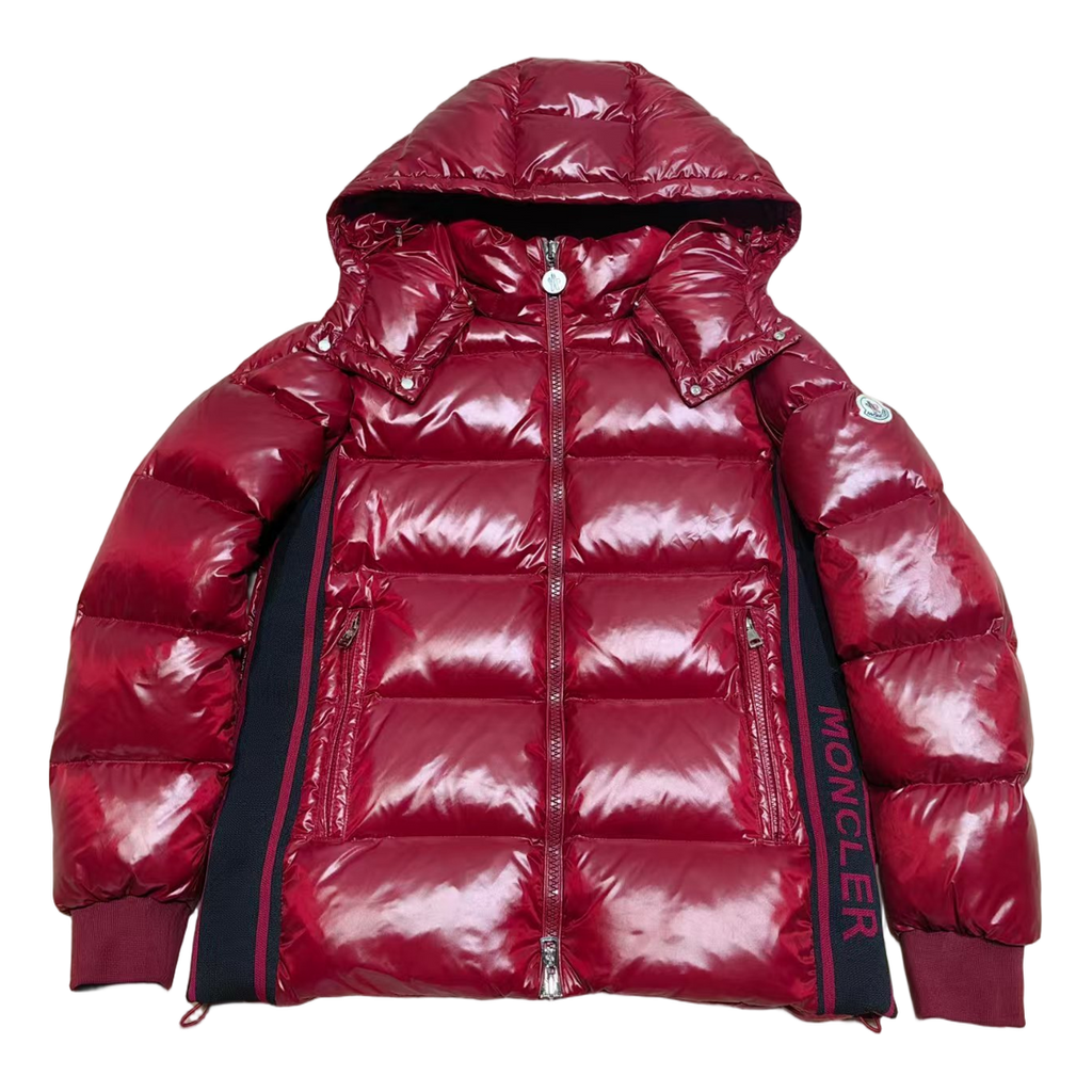 Moncler Glossy Red Hooded Down Puffer Jacket with Logo Zip