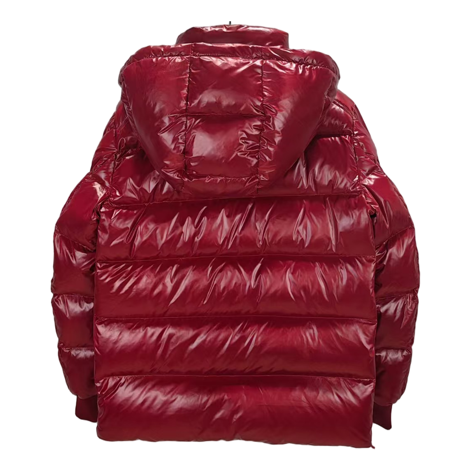 Moncler Glossy Red Hooded Down Puffer Jacket with Logo Zip