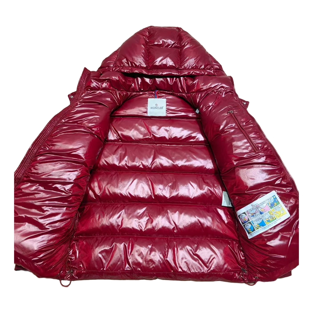 Moncler Glossy Red Hooded Down Puffer Jacket with Logo Zip