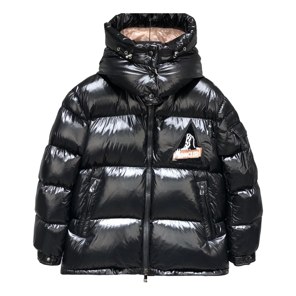 Moncler Glossy Short Down Puffer Jacket with Mountain Badge - Black