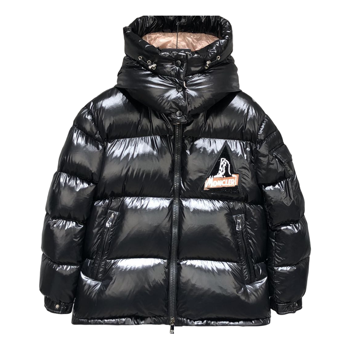 Moncler Glossy Short Down Puffer Jacket with Mountain Badge - Black