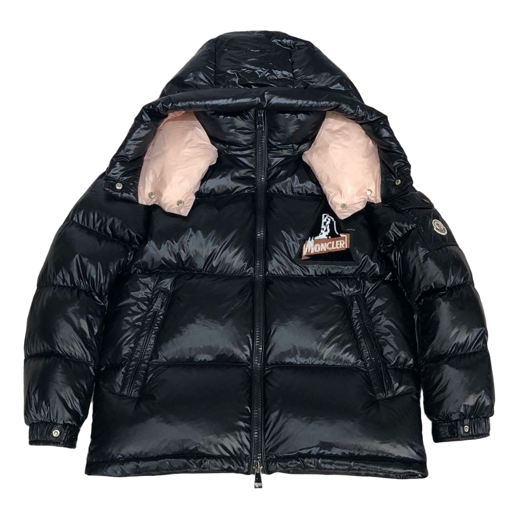 Moncler Glossy Short Down Puffer Jacket with Mountain Badge - Black