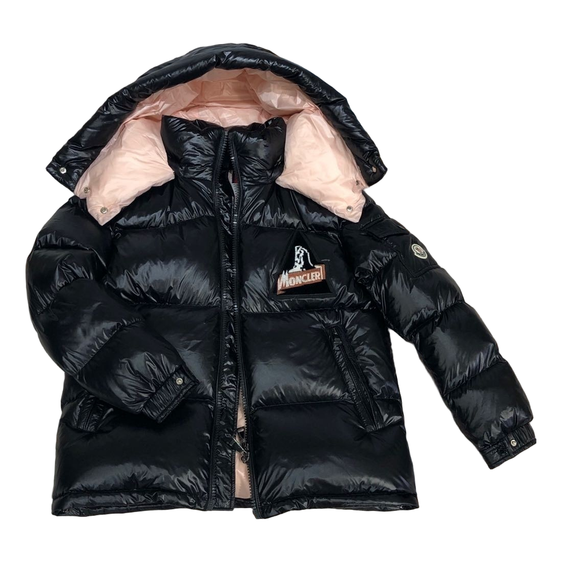 Moncler Glossy Short Down Puffer Jacket with Mountain Badge - Black