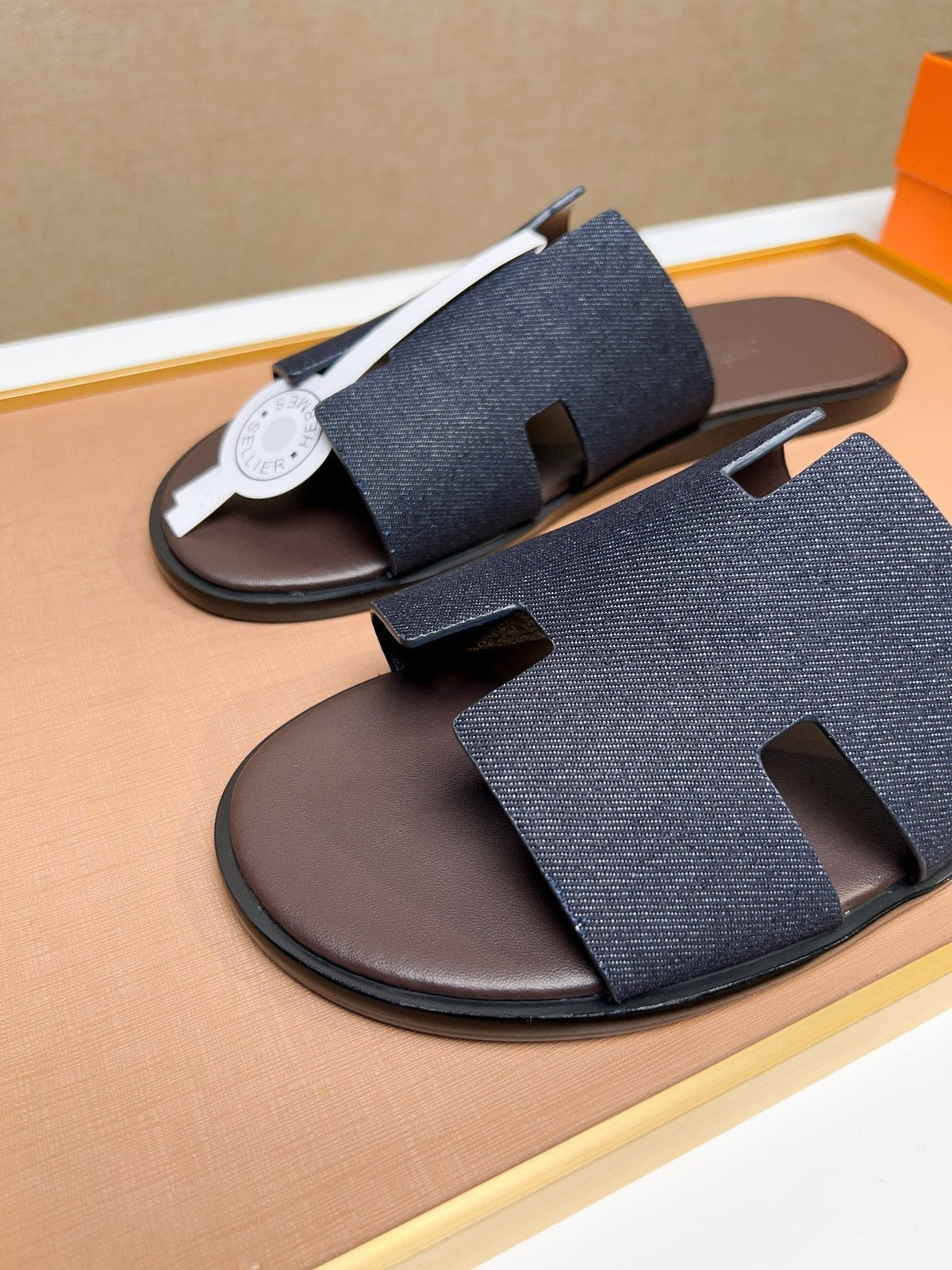 Hermès Dark Navy Blue H-Strap Slide Sandals