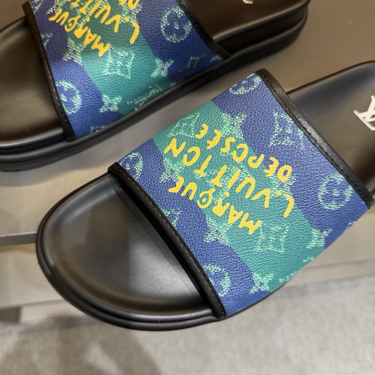 Louis Vuitton Blue & Green Printed Slide Sandals