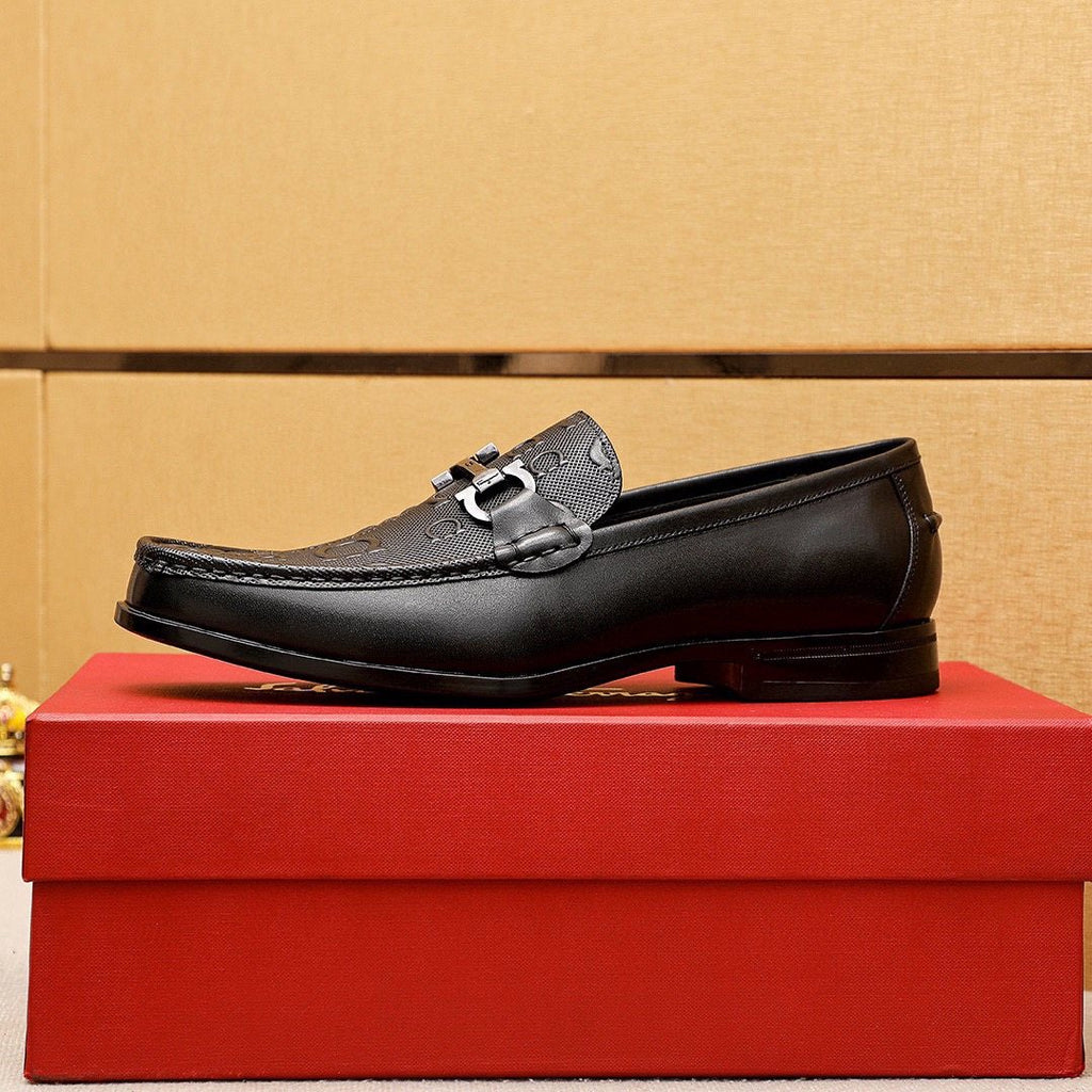 Ferragamo Men's Black Embossed Buckle Loafers - Metal Buckle Detail