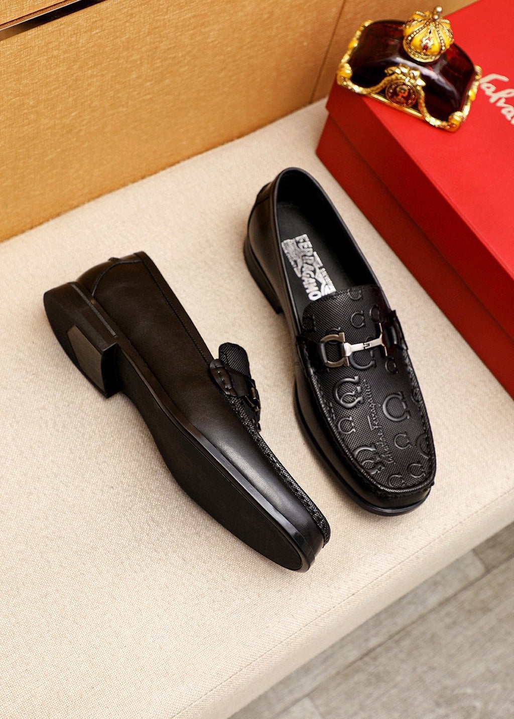 Ferragamo Men's Black Embossed Buckle Loafers - Metal Buckle Detail