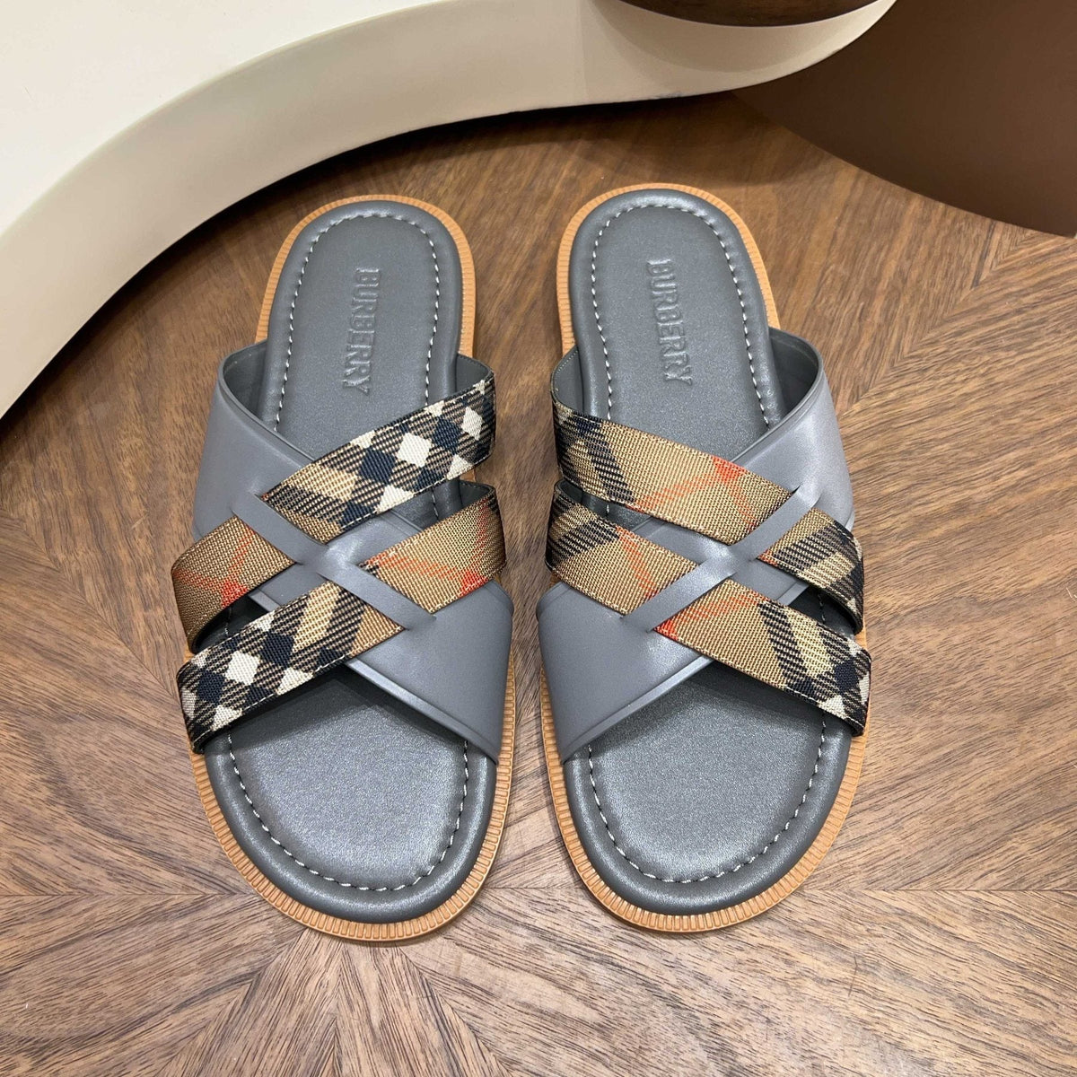 Burberry Plaid Cross-Strap Slide Sandals - Contoured Footbed