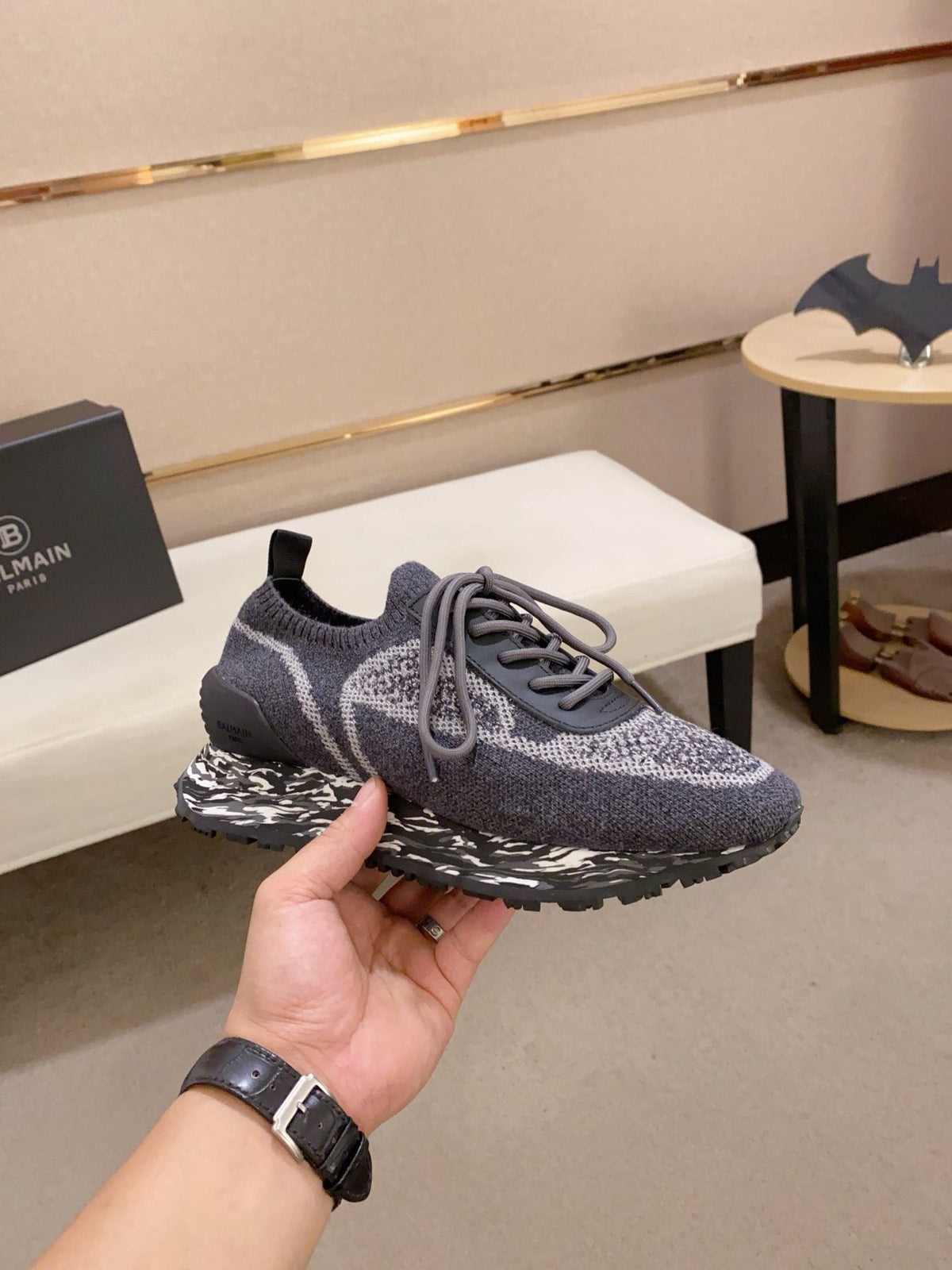 Balmain Gray and Black Knit-Look Sneakers