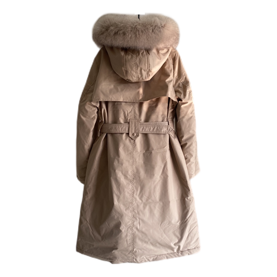 Prada Belted Faux Fur-Trim Hooded Coat – Blush Beige